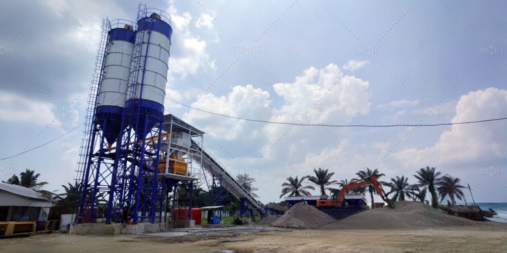 operation of AJ60 concrete batching plant on-site in Indonesia